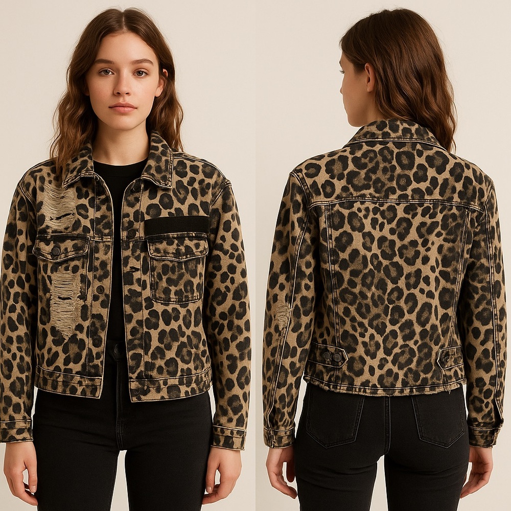 Dance & Marvel Leopard Print Distressed Denim Jacket Sz. M